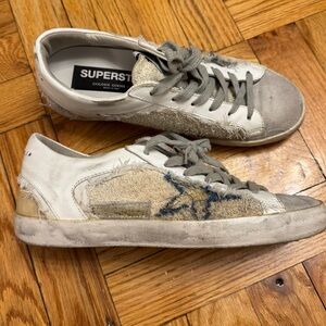 Golden Goose White and Tan Distressed Sneakers